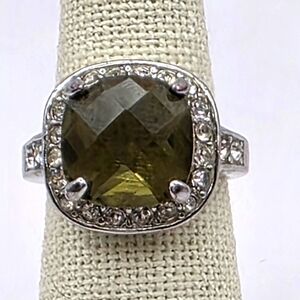 Womans Ring Silver Tone Cubic Zirconia With Light Green Glass 6.5